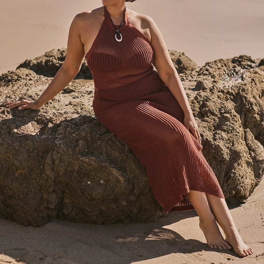 Beach Riot for Anthropologie Halter Crochet Cover-Up Dress, Reddish Brown, 1X